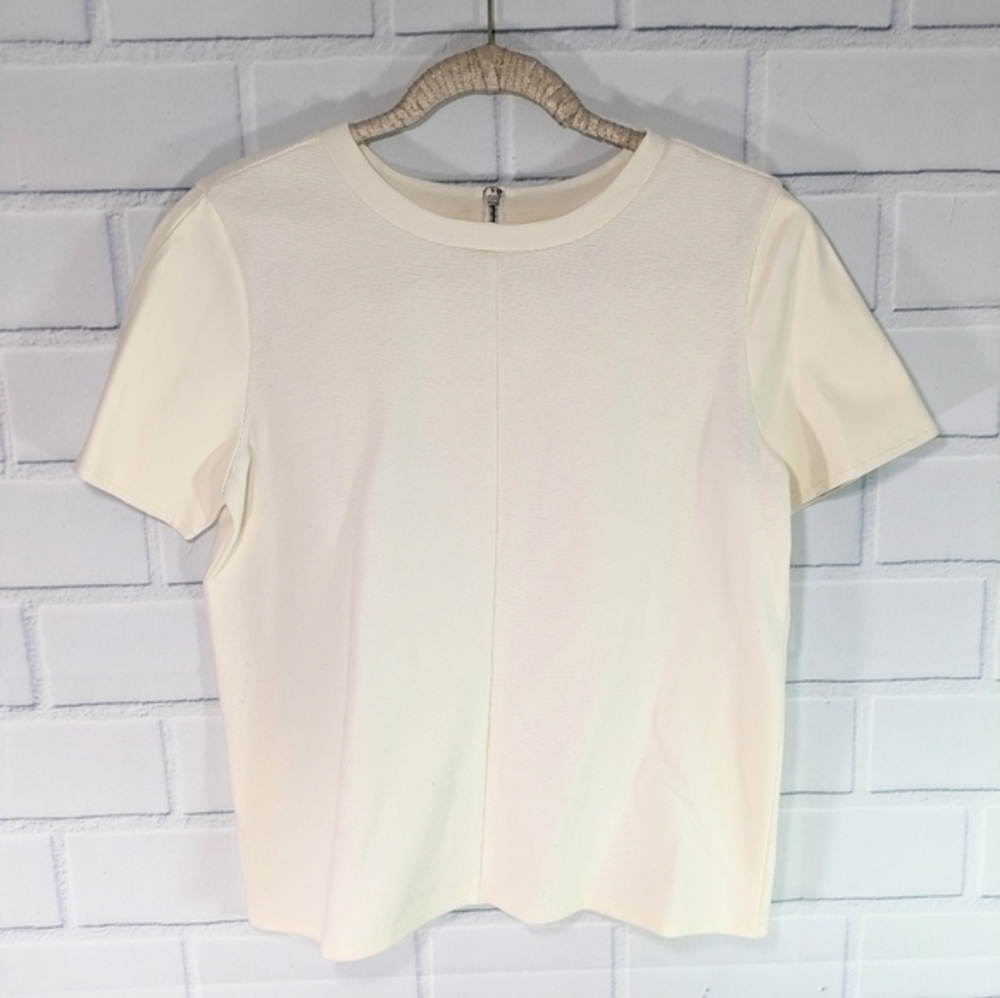 LOFT Cream Thick Textured Knit Top Leather Sleeves